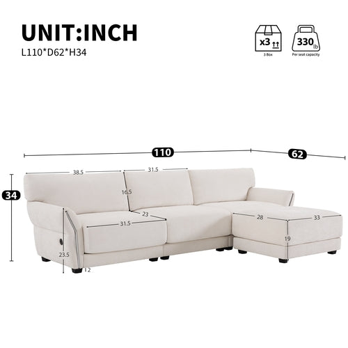 110' Modular Sectional Sofa, L-Shape with Extra-Wide Seat Cushion, USB