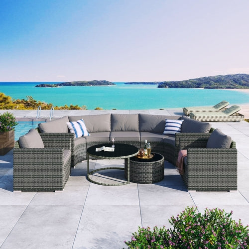 9-Pieces Outdoor Half-moon Patio Sofa Set, Round Sofa Set, Modern