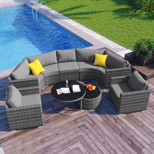 9-Pieces Outdoor Half-moon Patio Sofa Set, Round Sofa Set, Modern