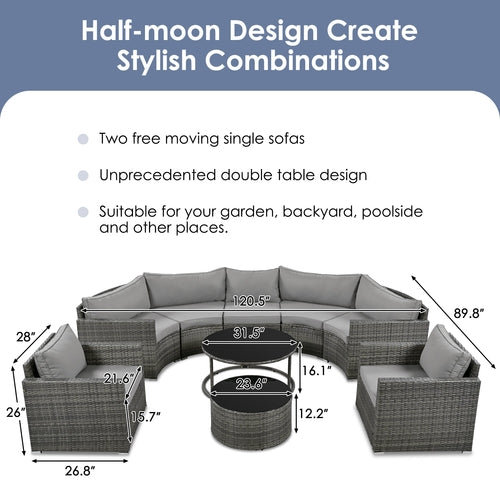 9-Pieces Outdoor Half-moon Patio Sofa Set, Round Sofa Set, Modern