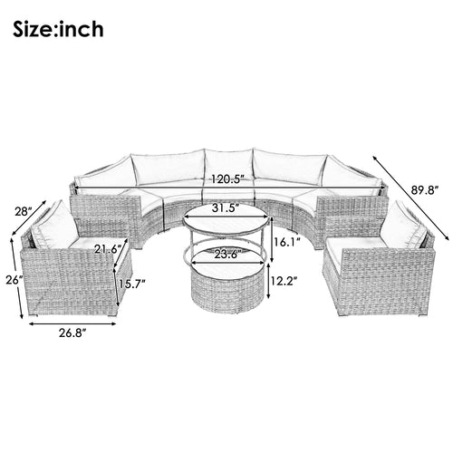 9-Pieces Outdoor Half-moon Patio Sofa Set, Round Sofa Set, Modern